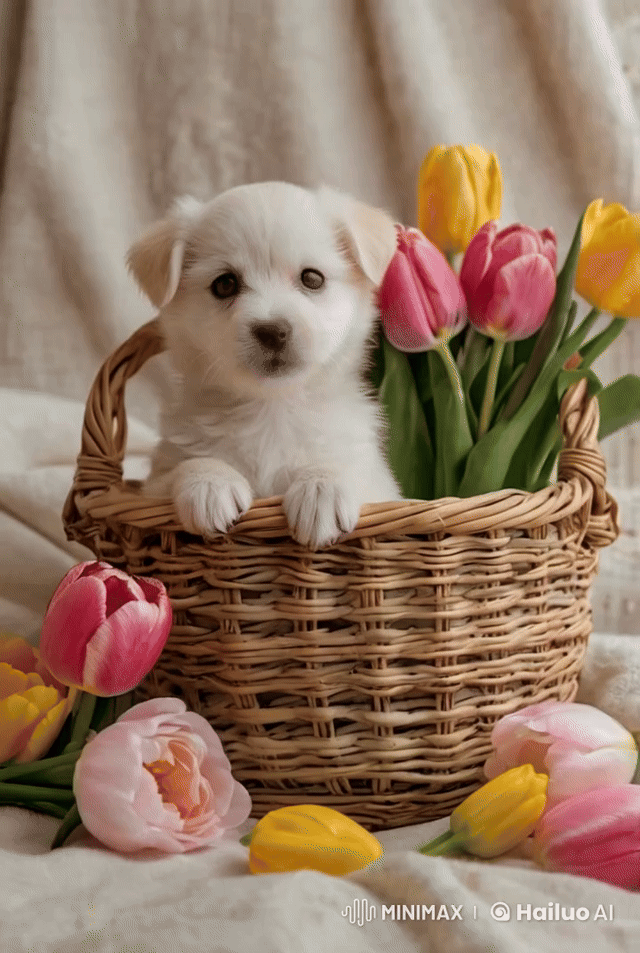 Открытка: Щенок в корзине с тюльпанами