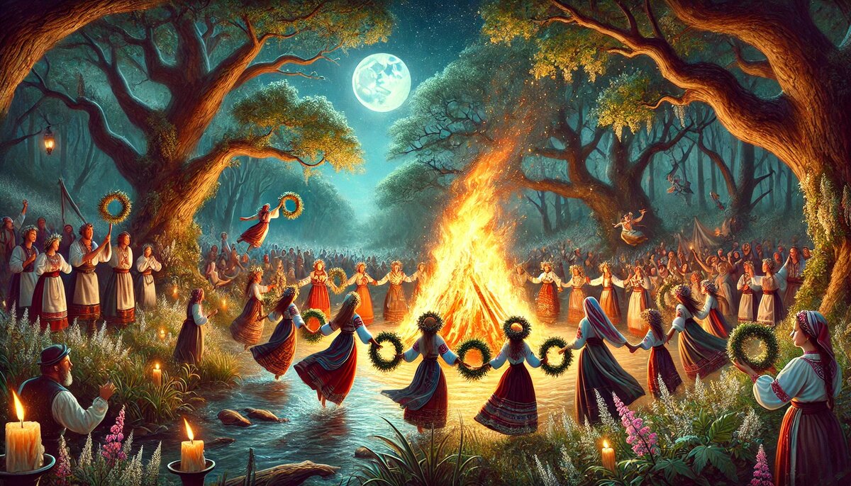 Празднования Купальской ночи в мистическом лесу. Атмосфера наполнена магией, танцами у костра, гаданиями на воде и поисками цветущего папоротника.