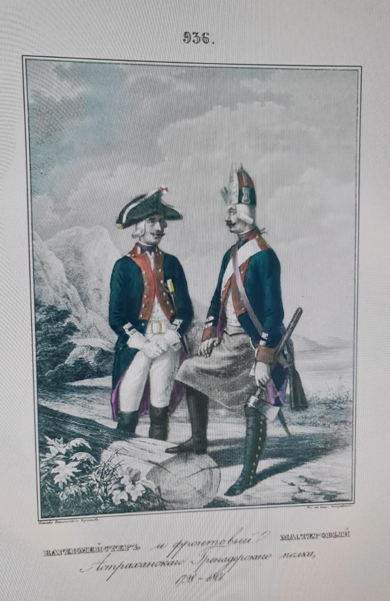 Вагенмейстер и фронтовый мастеровой Астраханскаго Гренадерскаго полка, 1798 - 1801. Висковатов А. В. "Историческое описание одежды и вооружения Российских войск. В 30 томах. Том 7. С. 936.