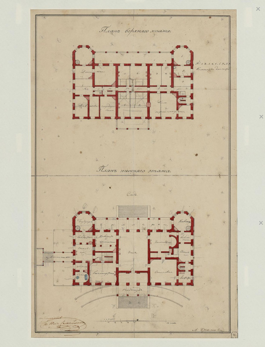 А. Брюллов. Проектные планы нижнего и верхнего этажей в усадьбе графини Ю. П Самойловой в Графской Славянке. Вариант с 4-колонным портиком на входе. 1830  