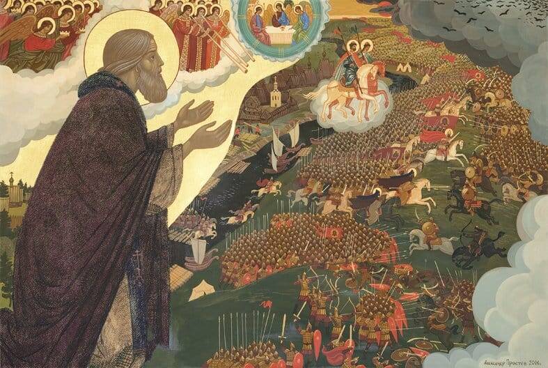худ. А. Простев. Молитва прп Сергия о даровании победы русскому воинству на поле Куликовом.