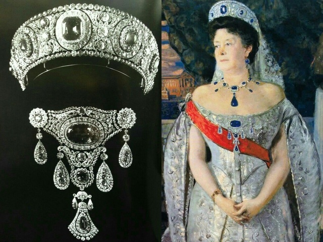 Сапфировая тиара и брошь. Мария Павловна на портрете кисти Б. Кустодиева