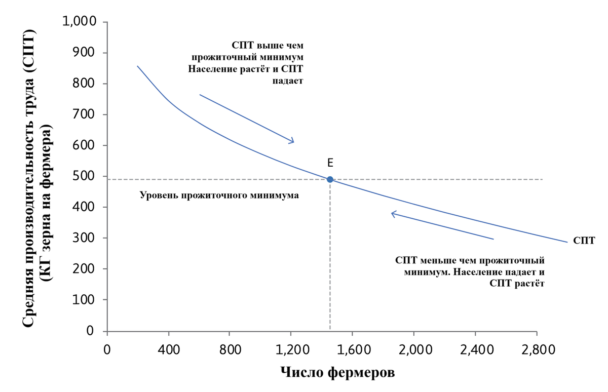 Рисунок 1.10 Равновесие в мальтузианской модели аграрной экономики.