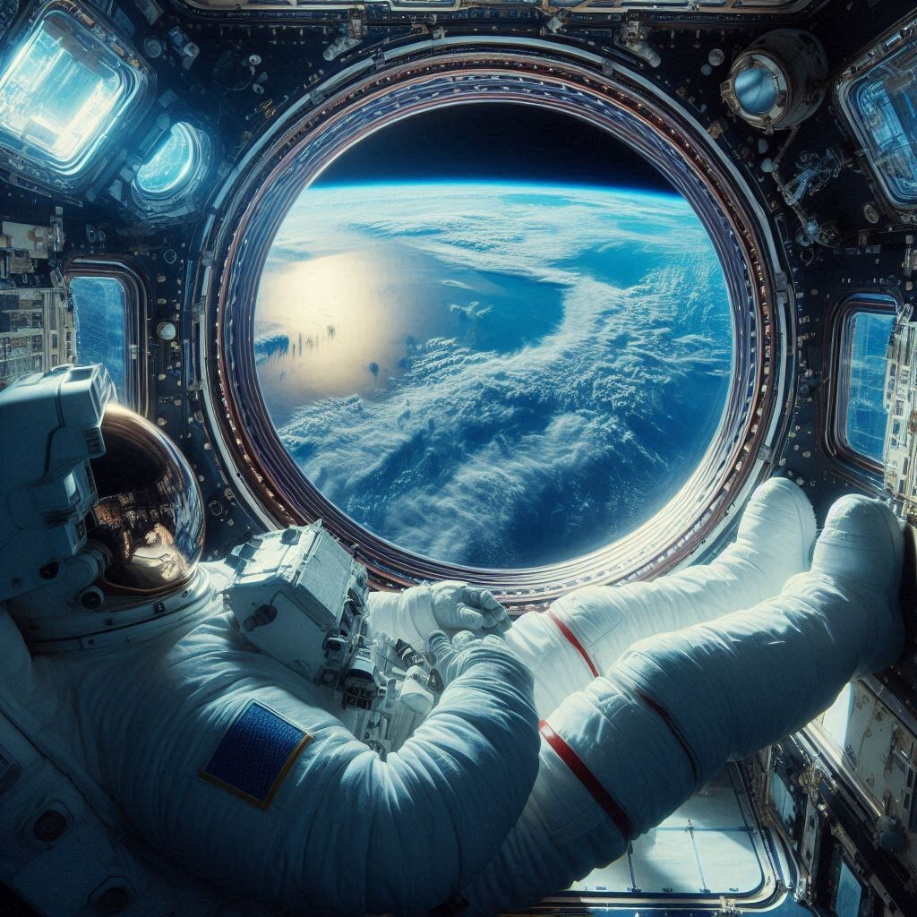 Астронавт на МКС, смотрящий в иллюминатор на Землю.