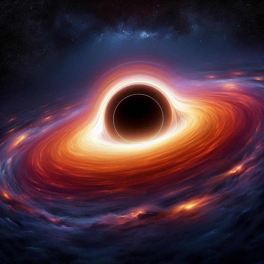 Художественное изображение чёрной дыры, окружённой светящимся диском.