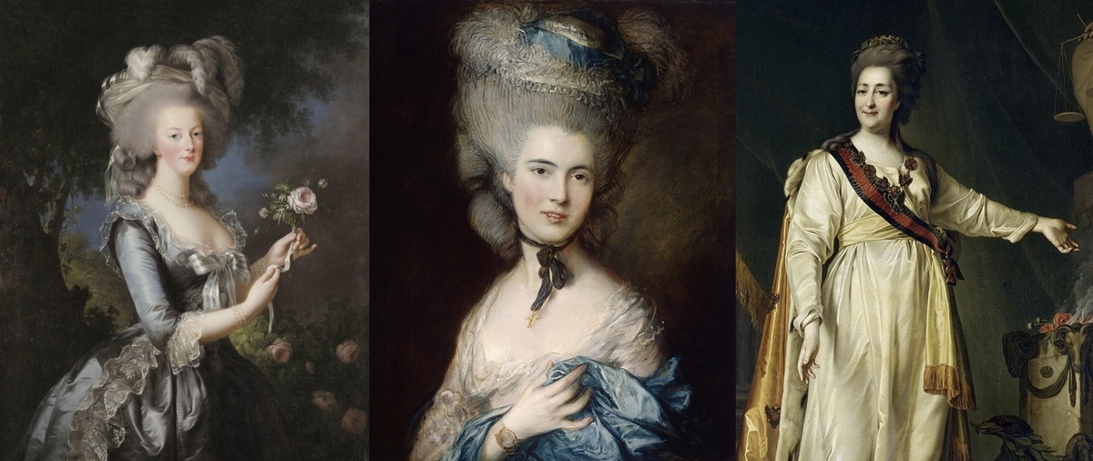 «Портрет Марии-Антуанетты с розой» (1783) – Элизабет Виже-Лебрен; «Дама в голубом» (ок. 1770–1780) – Томас Гейнсборо; «Портрет Екатерины II в виде законодательницы в храме богини Правосудия» (1783) – Дмитрий Левицкий