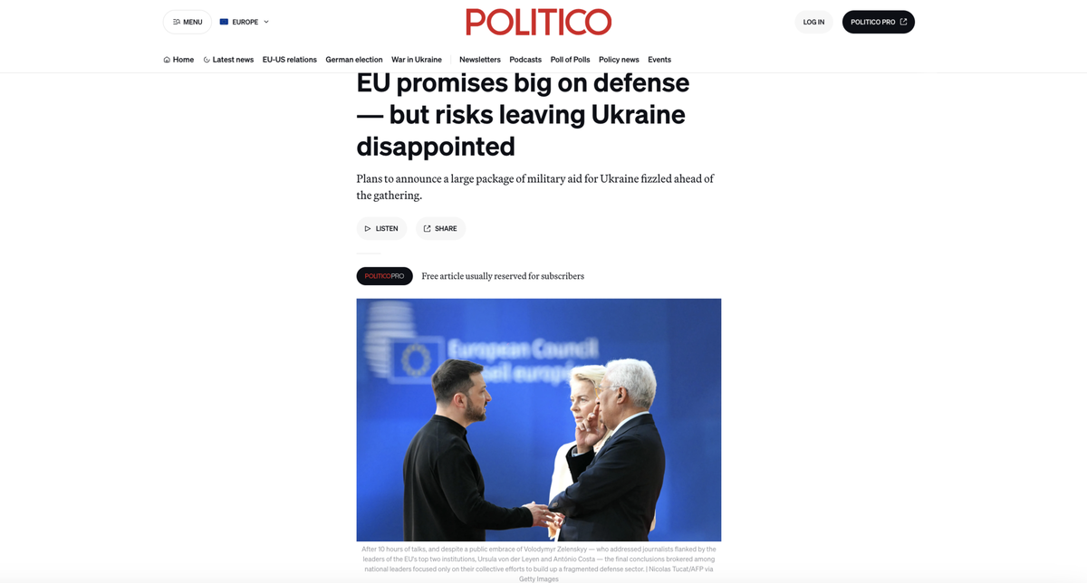     ЕС обещает обширную помощь в плане обороны, но рискует разочаровать Украину / Скриншот статьи на сайте www.politico.eu
