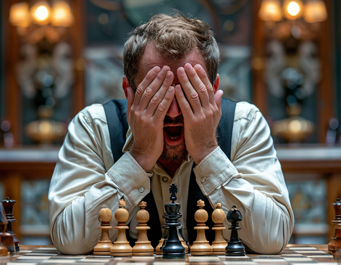 Зевающий шахматист. Картина, сгенерированная нейросетью.