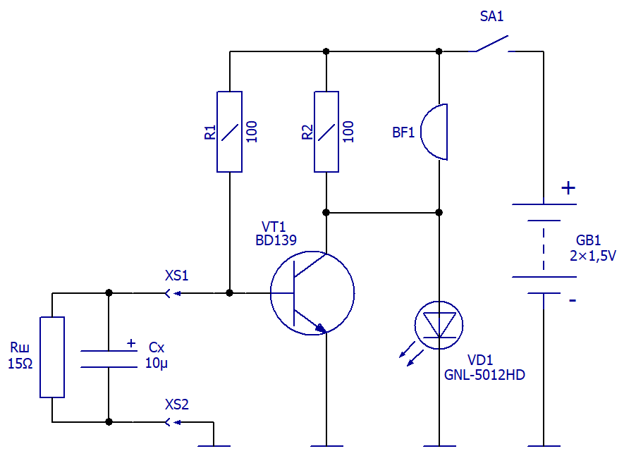 Схема электрическая принципиальная пробника зашунтированных оксидных конденсаторов