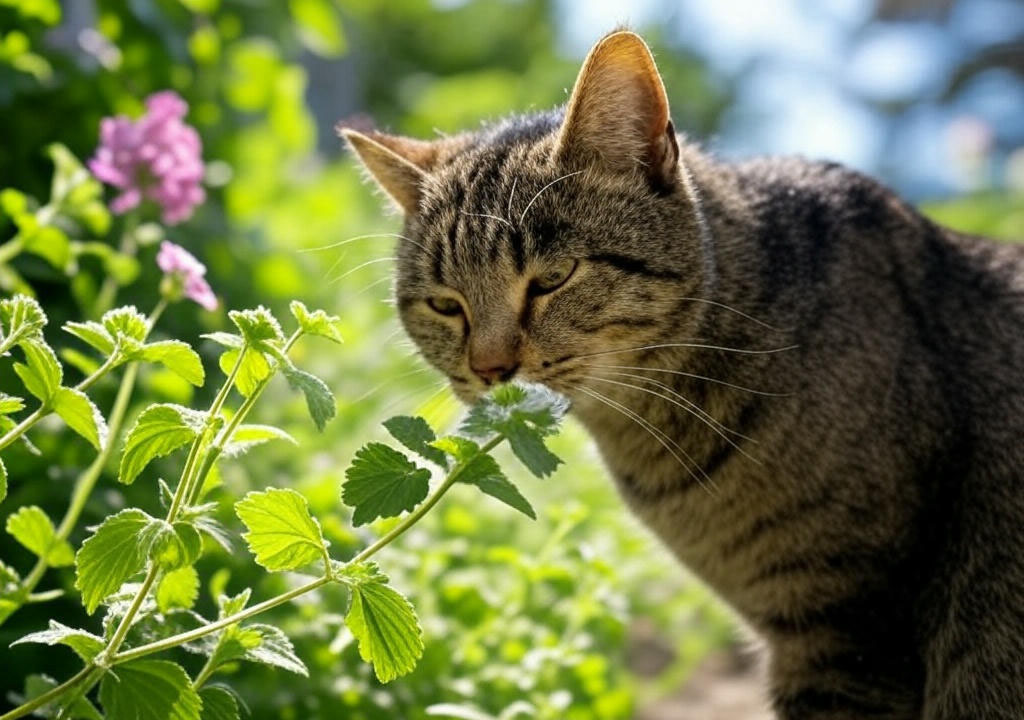 Кот в саду внимательно обнюхивает листья кошачьей мяты.