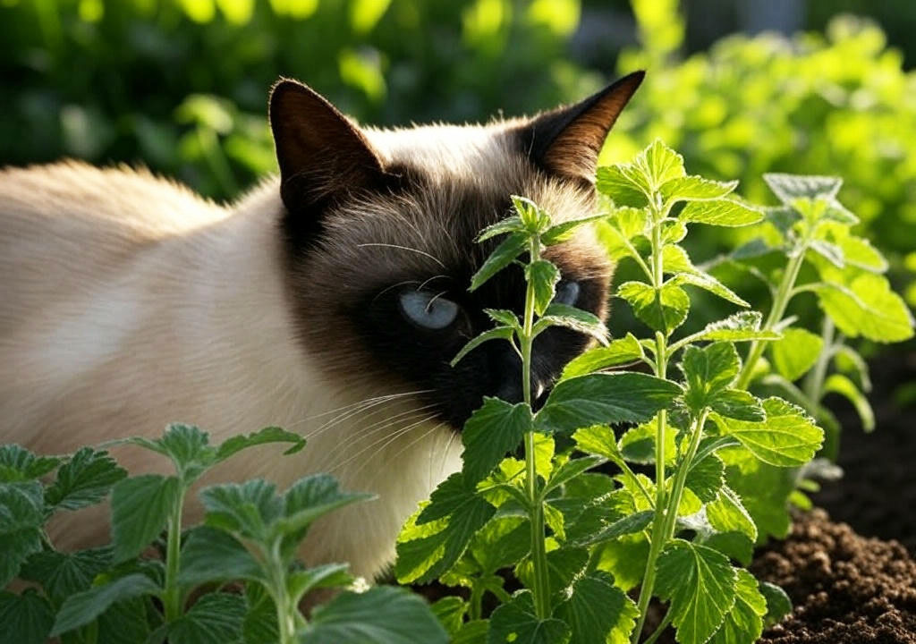 Сиамская кошка прячется в кустах кошачьей мяты, любопытно выглядывая из-за зеленых листьев.