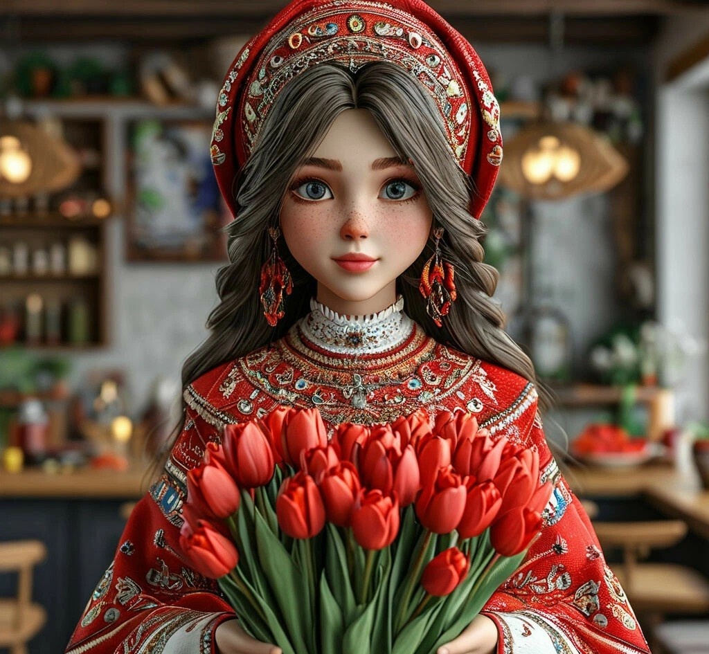Русская девушка с букетом тюльпанов.