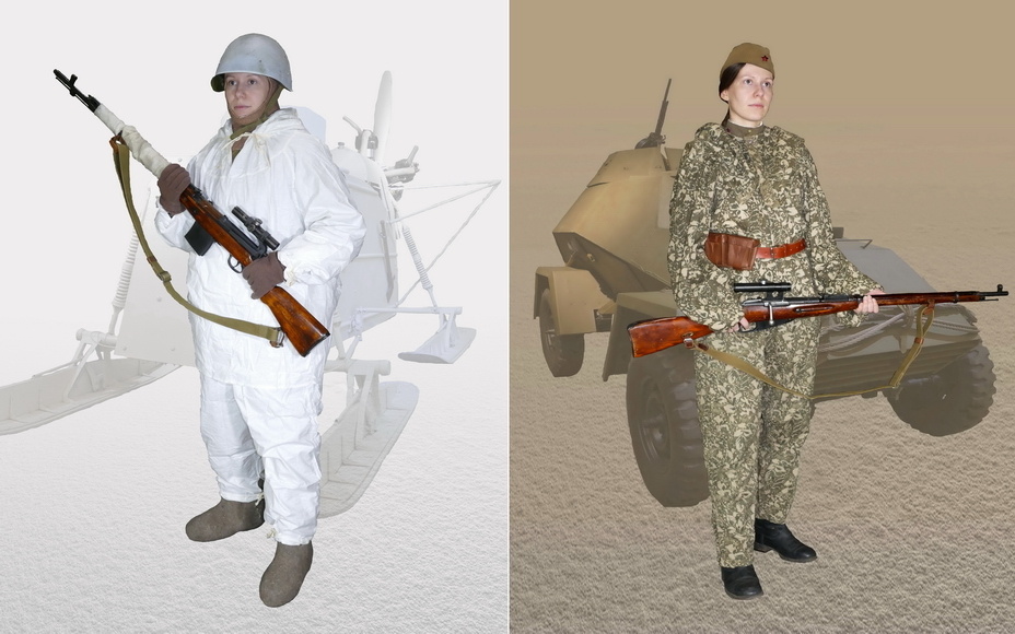 На интерактивном изображении представлены две фигуры девушек-снайперов Красной армии. Зимний вариант в таком виде был характерен для зимы 1942-1943 гг., летний возможен осенью 1944 или весной 1945 гг. Безусловно, показаны лишь два варианта из множества сочетаний и вариантов ношения маскировочной одежды.