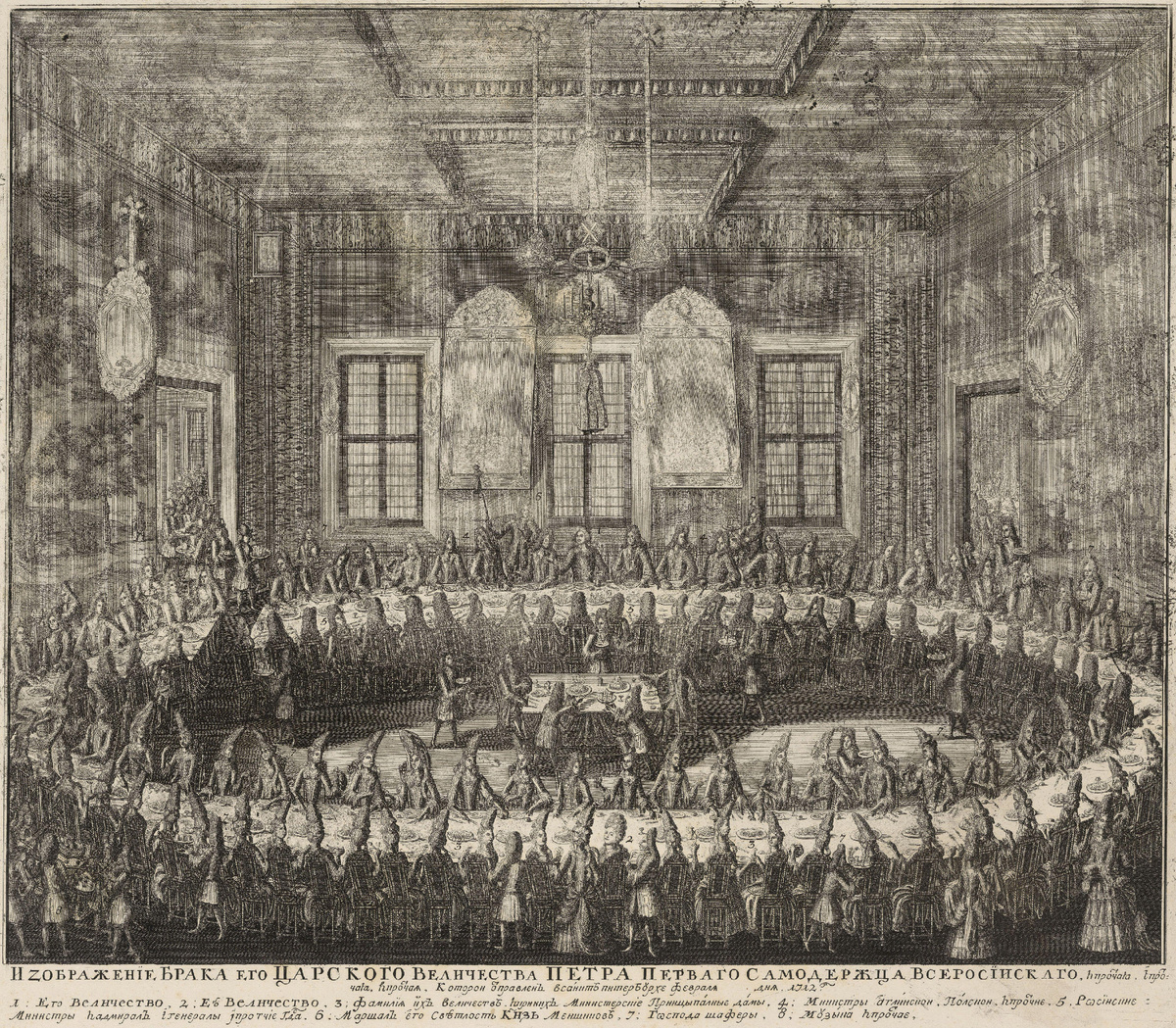 Свадьба Петра I и Катерины Алексеевны в 1712 году. Гравюра А. Ф. Зубова, 1712.