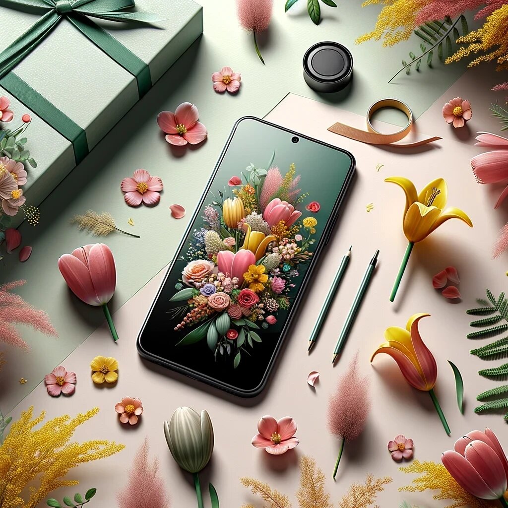 Красивый смартфон после ремонта с цветочным изображением на экране в весенней композиции с тюльпанами и мимозой. Сервисный центр предлагает подарочные скидки к 8 марта на ремонт телефонов.