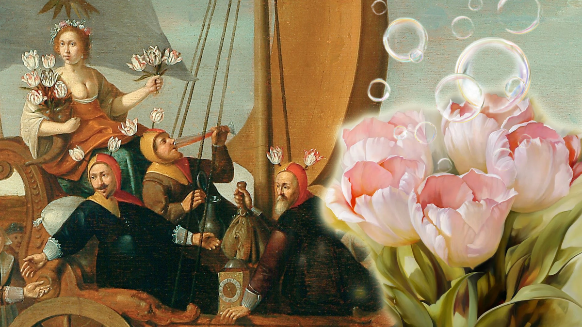 Фрагмент картины  «Повозка дураков Флоры» Хендрика Герритса Пота. Люди побросали работу, чтобы накупить побольше тюльпанов и перепродать их.