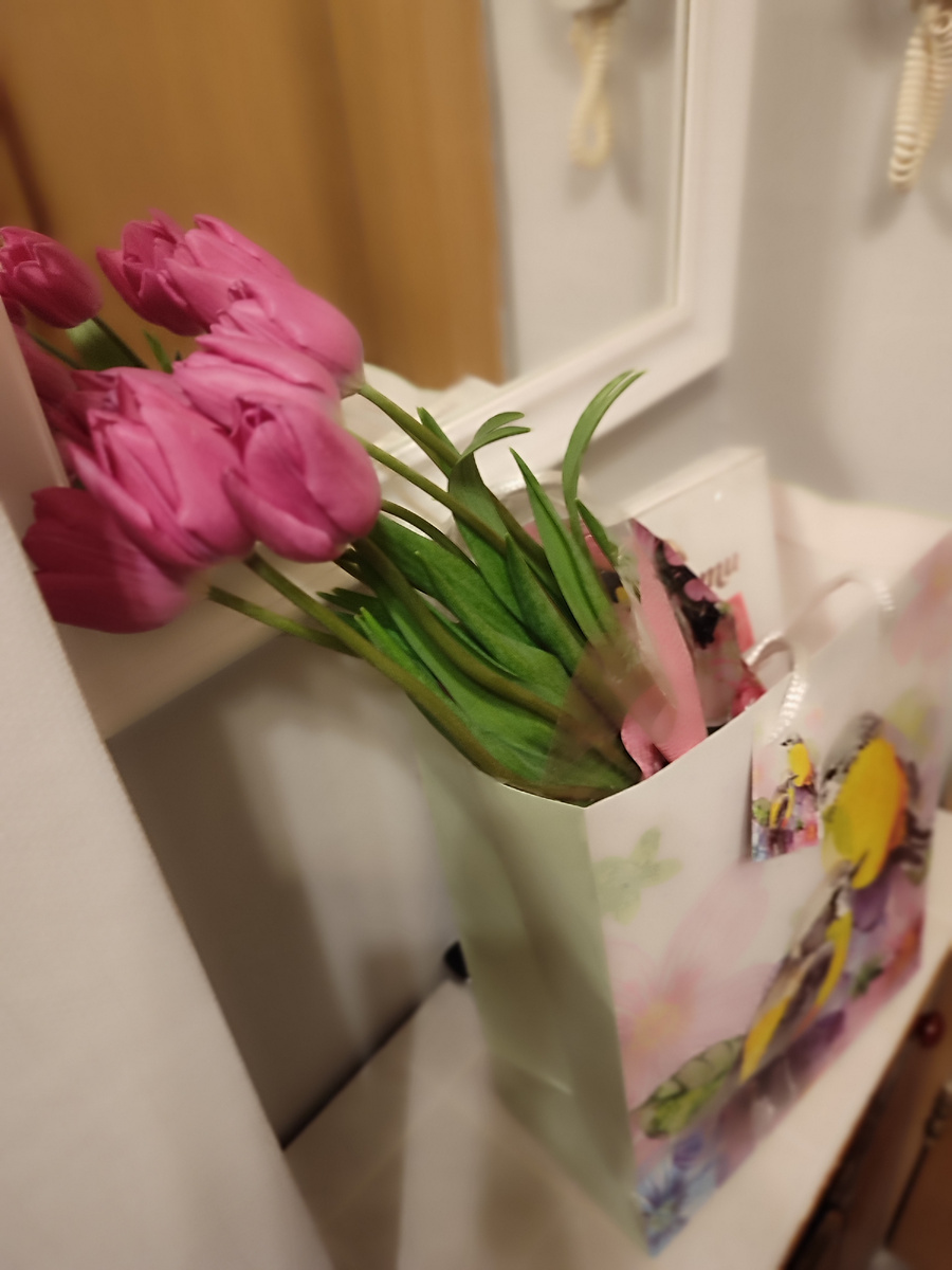 С утра принимаю поздравления от мужа и сына 