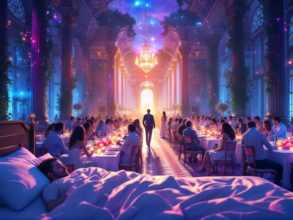    К чему такое снится: На картине изображен широкий зал с длинными празднично накрытыми столами, за которыми сидят гости, включая мужчин и женщин разных возрастов. В центре хозяин дома сто