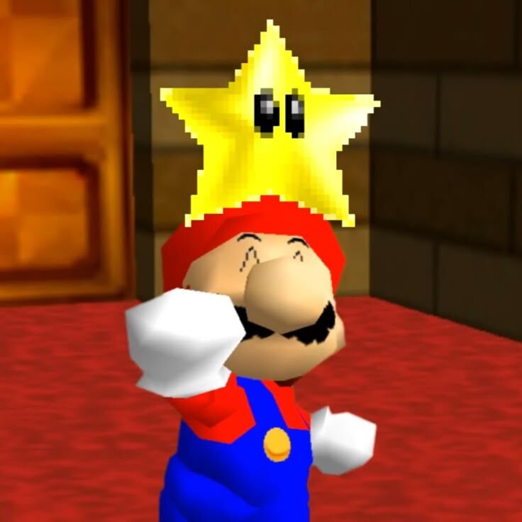 Кадр из игры Super Mario 64, выпущенной в 1996 году. На нём можно увидеть радость усатого.