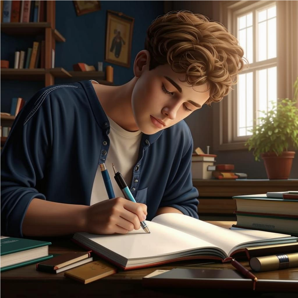 Студент пишет ручкой