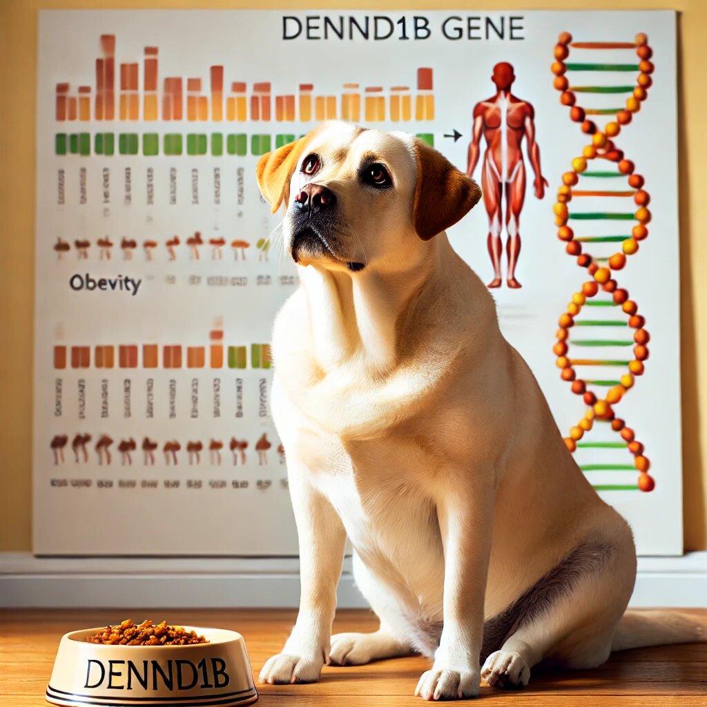 Лабрадор с избыточным весом рядом с миской и диаграммой гена DENND1B. ИИ генерация