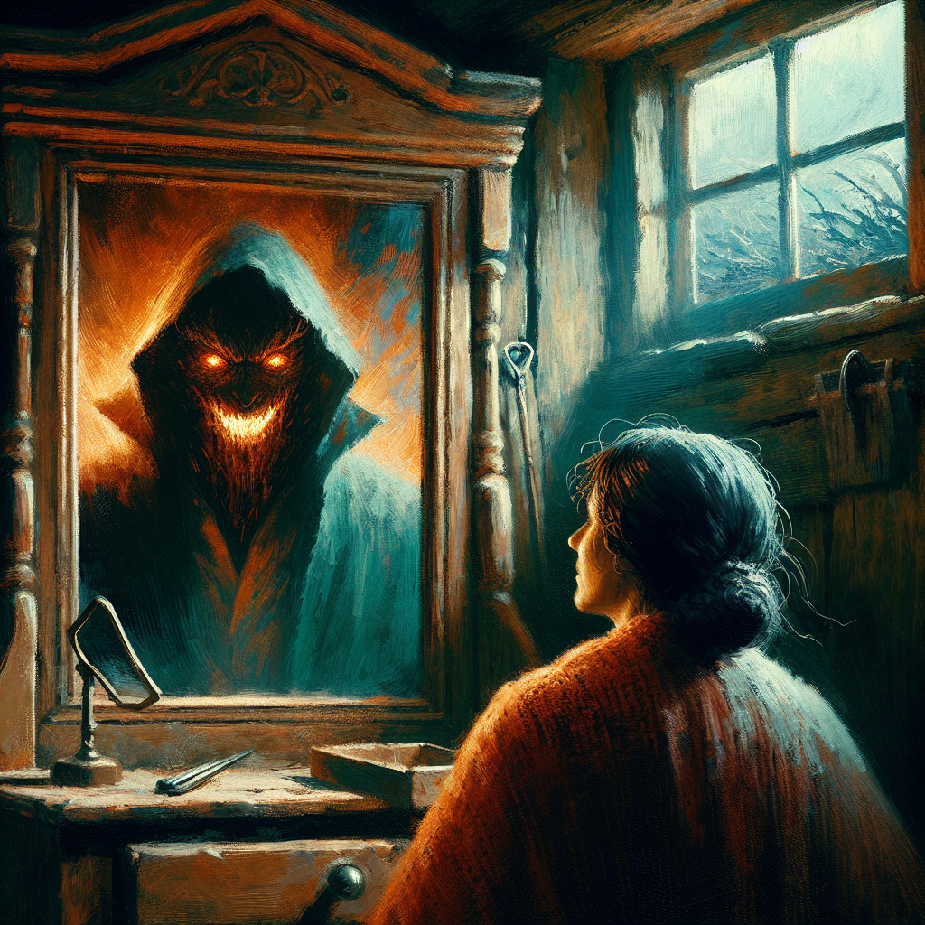 Анна застыла перед старинным зеркалом, ужас сковал ее сердце, ведь в отражении она видела не себя, а чужую, зловещую тень… |Картинка - ИИ-арт © Надежда Иванова.