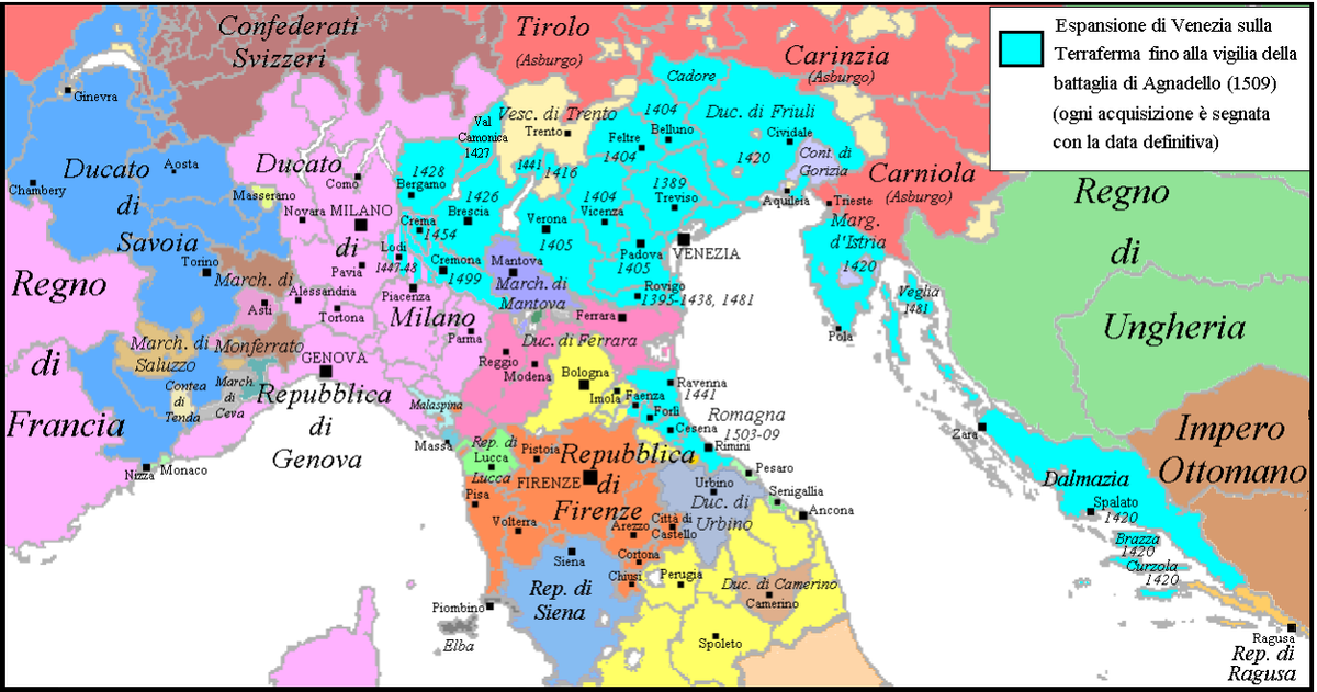 Схема расширения Венецией своих владений в Адриатике (т.н. Terraferma) в XIV—XVI веках (на 1509 год)