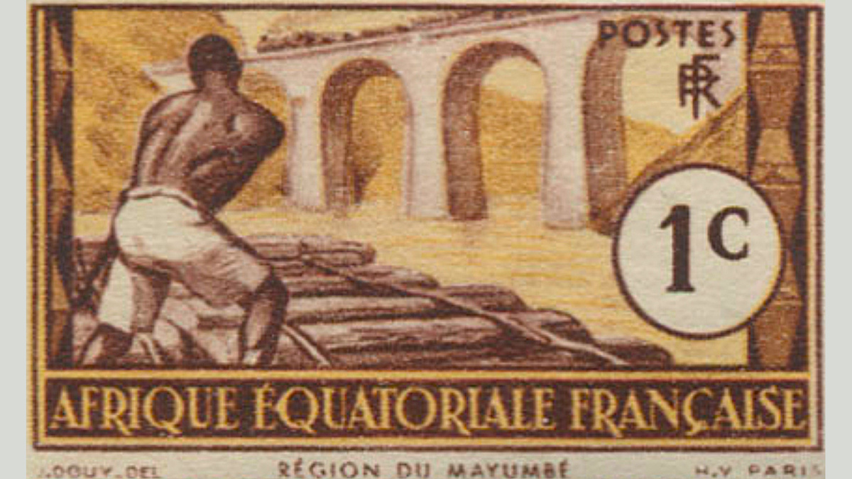 1. Французская Экваториальная Африка, 1937 год, № 27. Железнодорожный плотник из Маюмбе. Местные жители и исследователи. Такой марки нет!