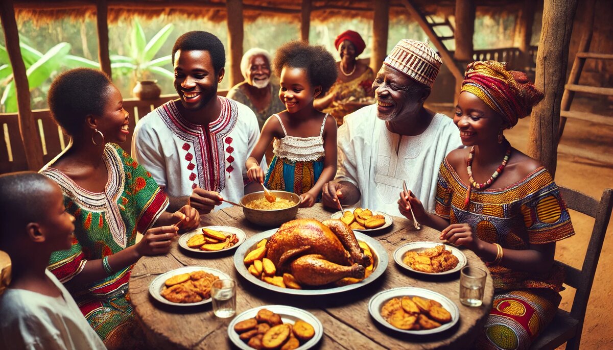 Poulet DG на традиционной семейной трапезе в Камеруне (сгенерировано DALL-E)