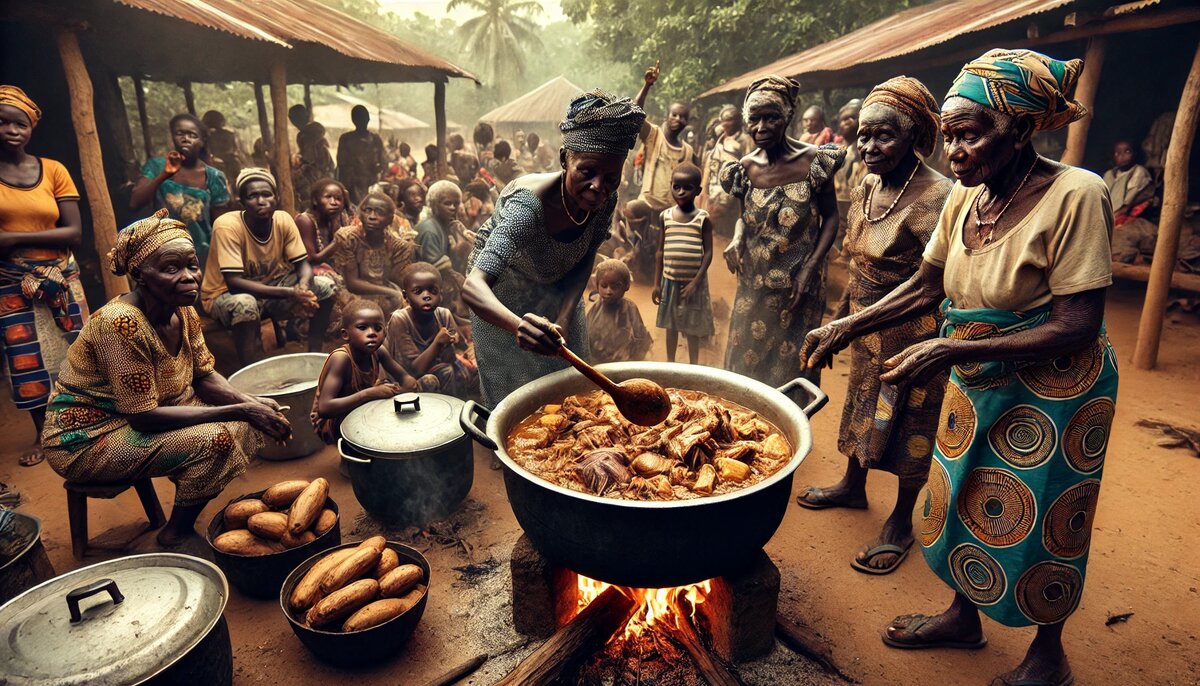Кондре на традиционной деревенской трапезе в Камеруне (сгенерировано DALL-E)