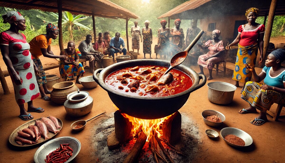 Мбанга суп на традиционной деревенской кухне в Камеруне (сгенерировано DALL-E)