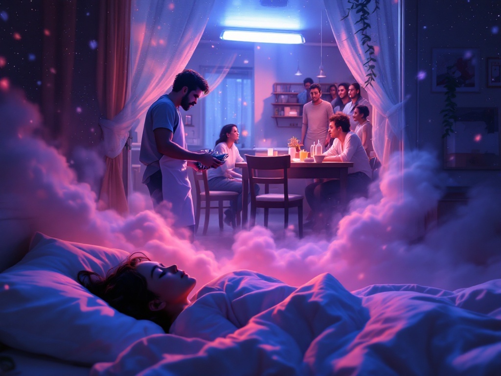    К чему такое снится: На картине изображено общежитие для волонтёров. В центре происходит действие в столовой, где персонаж держит стопку столовых приборов, а рядом группа взволнованных л