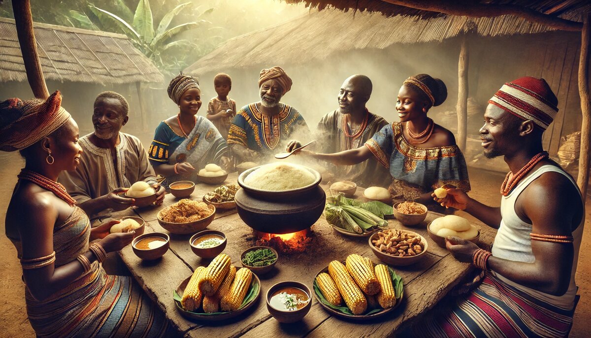 Фуфу корн на традиционной семейной трапезе в Камеруне (сгенерировано DALL-E)