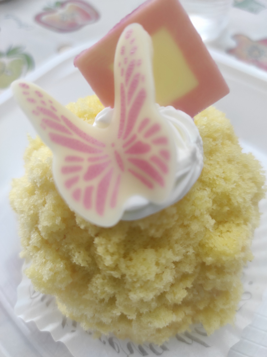 Пирожное "Мимоза": бисквитная крошка, взбитые сливки, начинка из заварного крема и свежей клубники. Фото автора