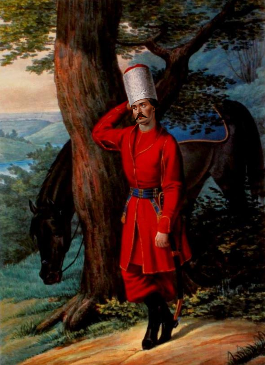 Волжский казак, 1774 г. Раскрашенная гравюра к Историческому описанию одежды и вооружения российских войск