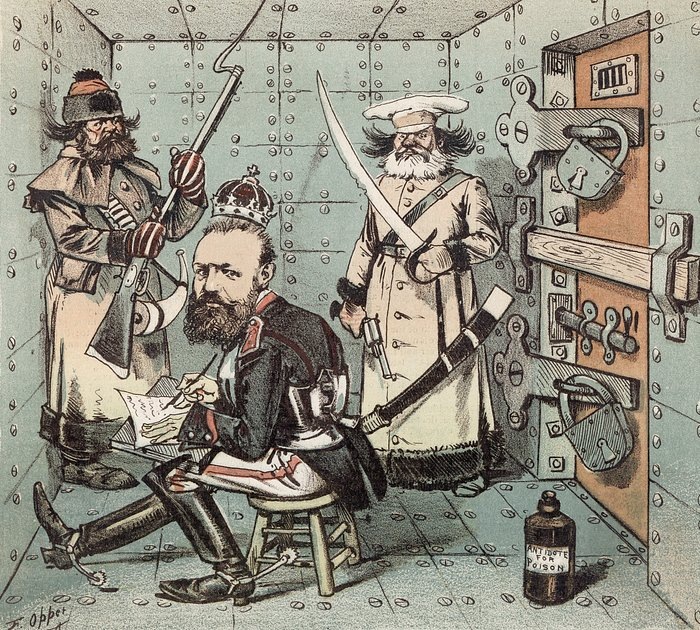 «Царь пишет письмо с соболезнованиями президенту Гарфилду (из зарисовки офицера-нигилиста царской гвардии)». Американская карикатура на Александра III, 1881 год. Изображение: Bettmann / Getty Images