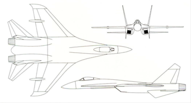 Первая редакция общего вида перспективного фронтового истребителя ПФИ – Т-10, разработанная В.И. Антоновым в ОКБ «Кулон» П.О. Сухого в январе-феврале 1970 г. Синусоидальное крыло (вверху) в сравнении с обычным стреловидным. Чертеж из книги: Плунский П., Зенкин В., Гордюков Н., Беретдинов И. Истребитель Су-27. Рождение легенды. М. Издательская группа «Беретдинов и Ко.», - 2009 г.