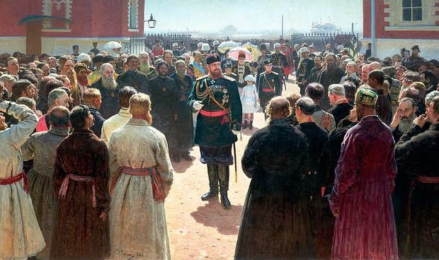    Картина Ильи Репина «Прием волостных старшин Александром III во дворе Петровского дворца в Москве»