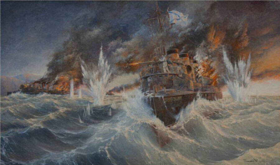 «Последний бой «Стерегущего». Картина художника-мариниста Валерия Шиляева, 2004 год. Источник: http://www.shilaev.com