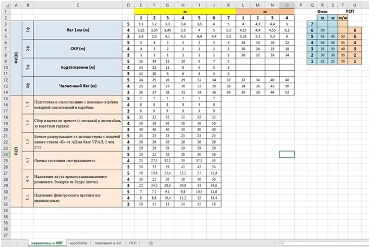   Таблица нормативов по профессиональной подготовке личного состава МЧС: Excel разработка