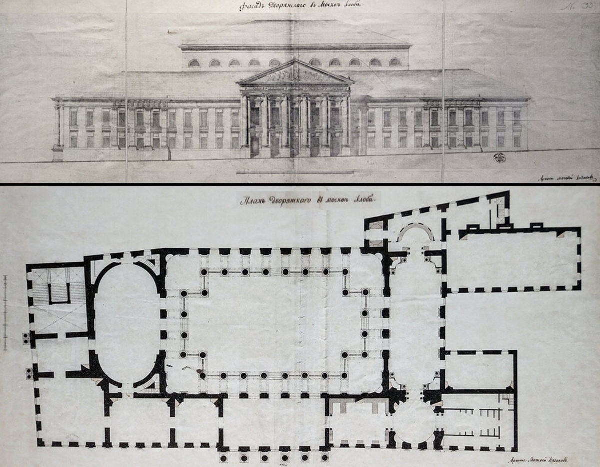 М.Казаков. Дворянский клуб на Дмитровке. Фасад по Дмитровке и план. Проектный чертёж 1784. Классический симметричный фасад вдоль Большой Дмитровки