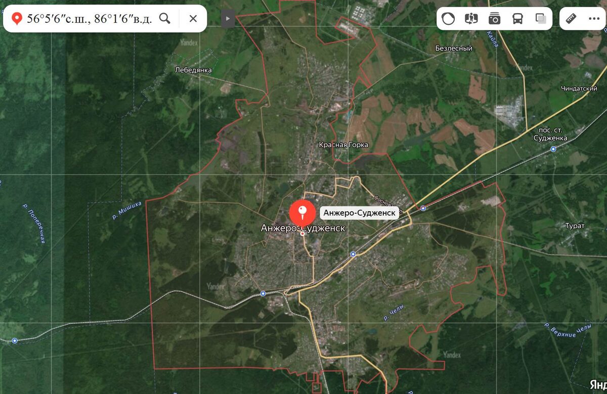 Анжеро-Судженск на Яндекс карте по координатам