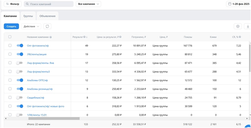 Скрин статистики ВК реклама за февраль 2025г