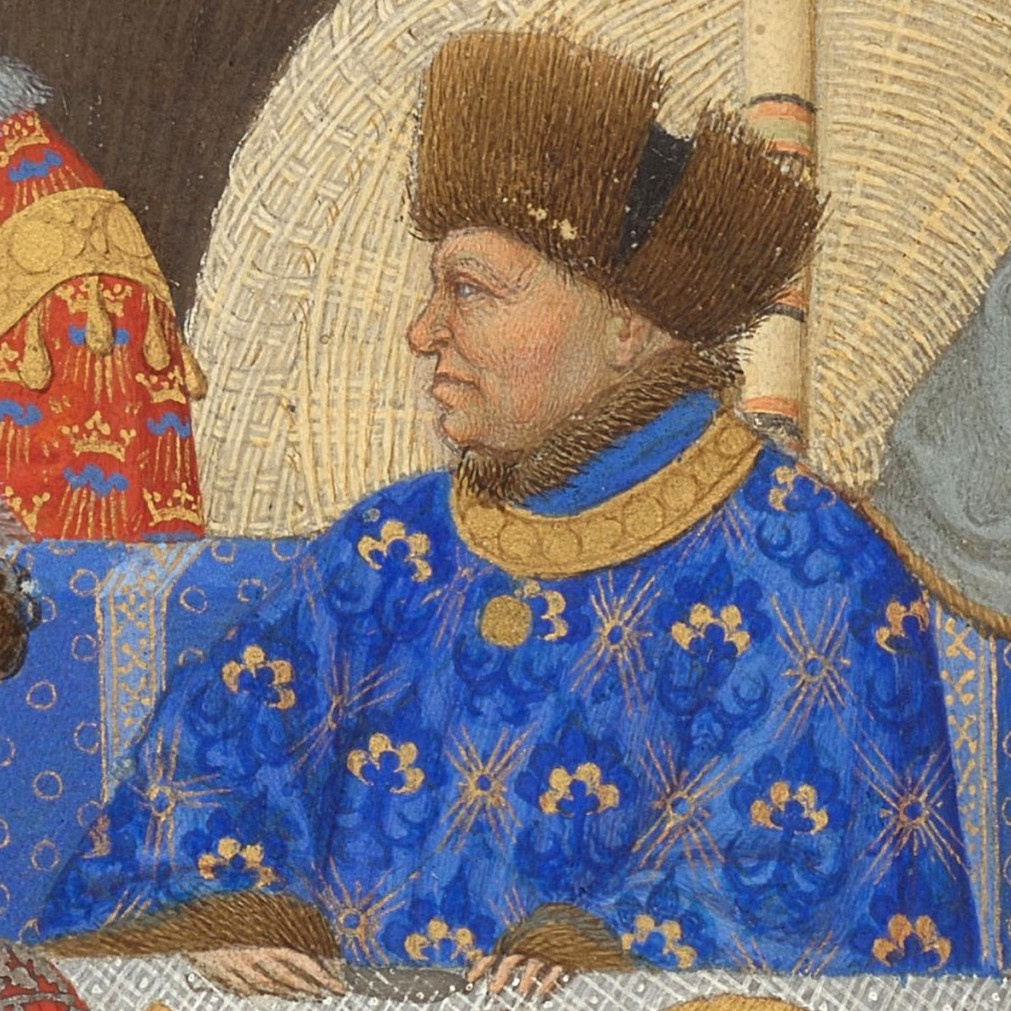 Жан I Великолепный Беррийский (1340 — 1416) — герцог Беррийский и Оверньский с 1360 года, граф Монпансье с 1401 года, граф Пуатье с 1369 года. Изображение на миниатюре из «Великолепного часослова герцога Беррийского». Братья Лимбург, между 1412 и 1416 годами