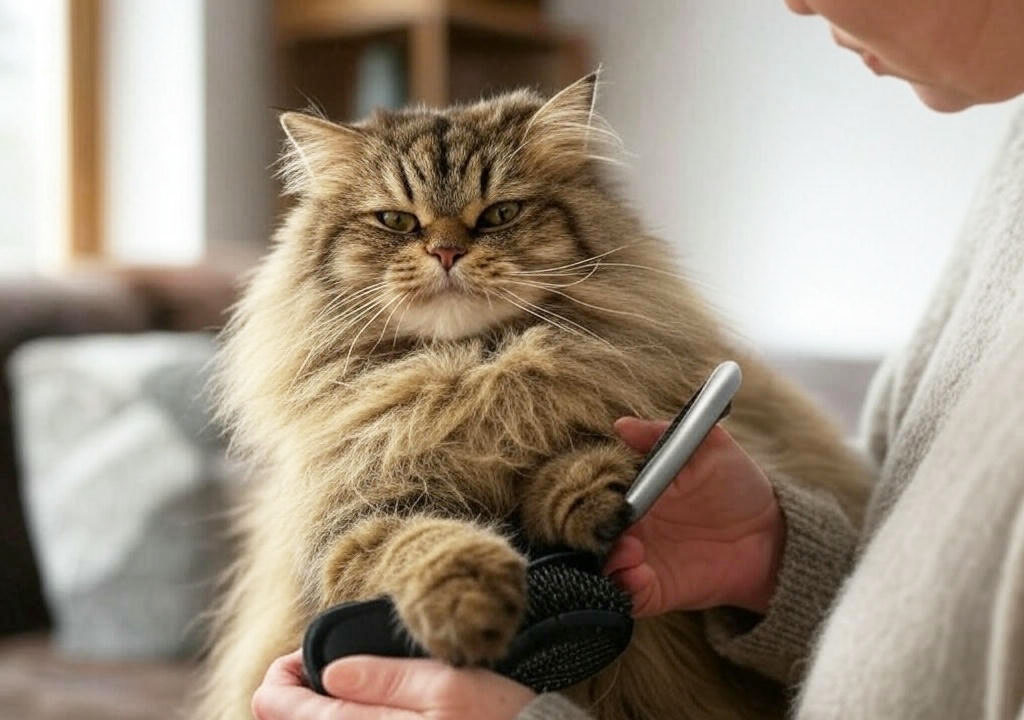 Хозяйка бережно расчесывает колтуны у пушистого кота, который не доволен процедурой.