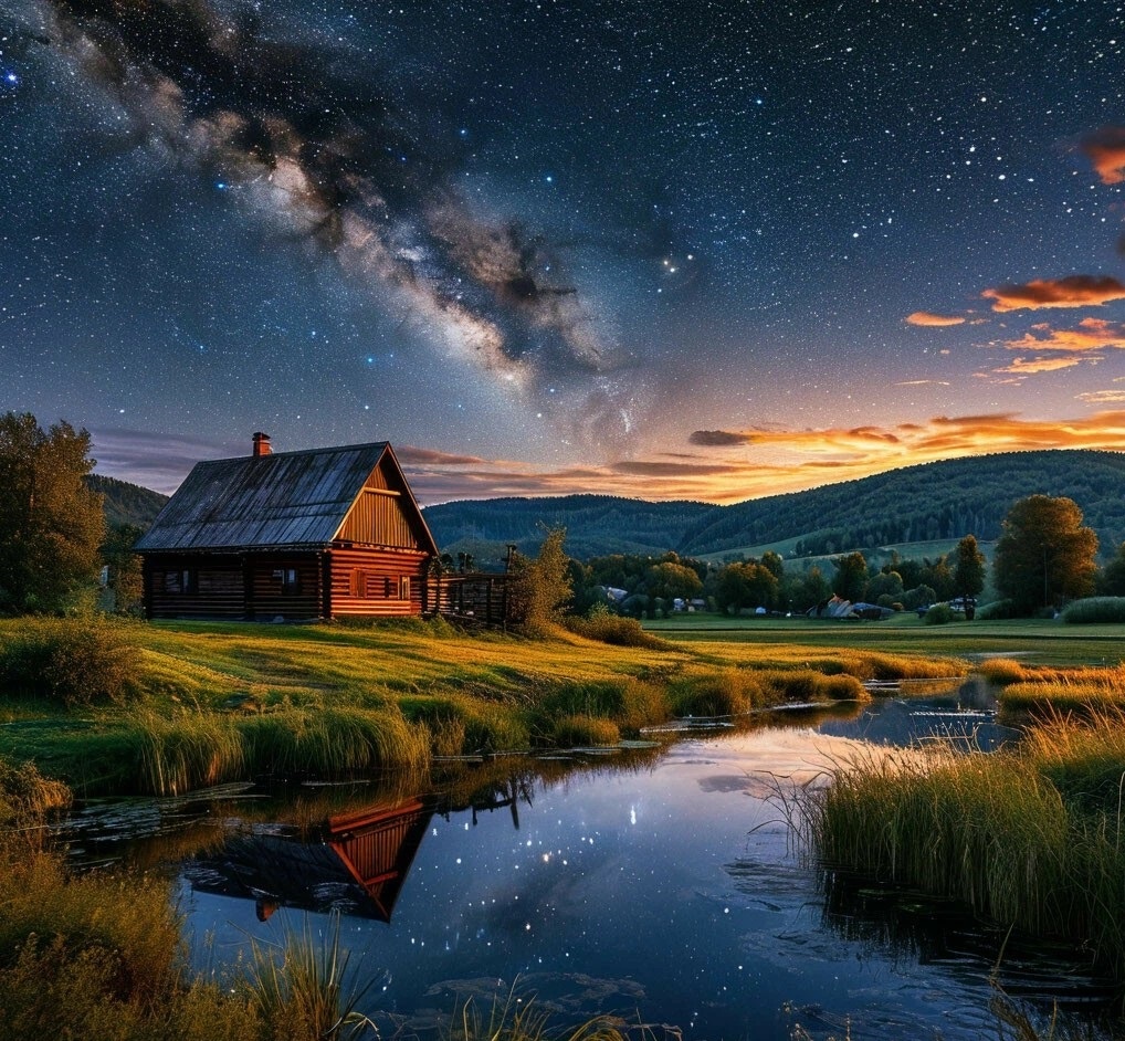 Ночная деревня. Изображение сгенерировано нейросетью Шедеврум
