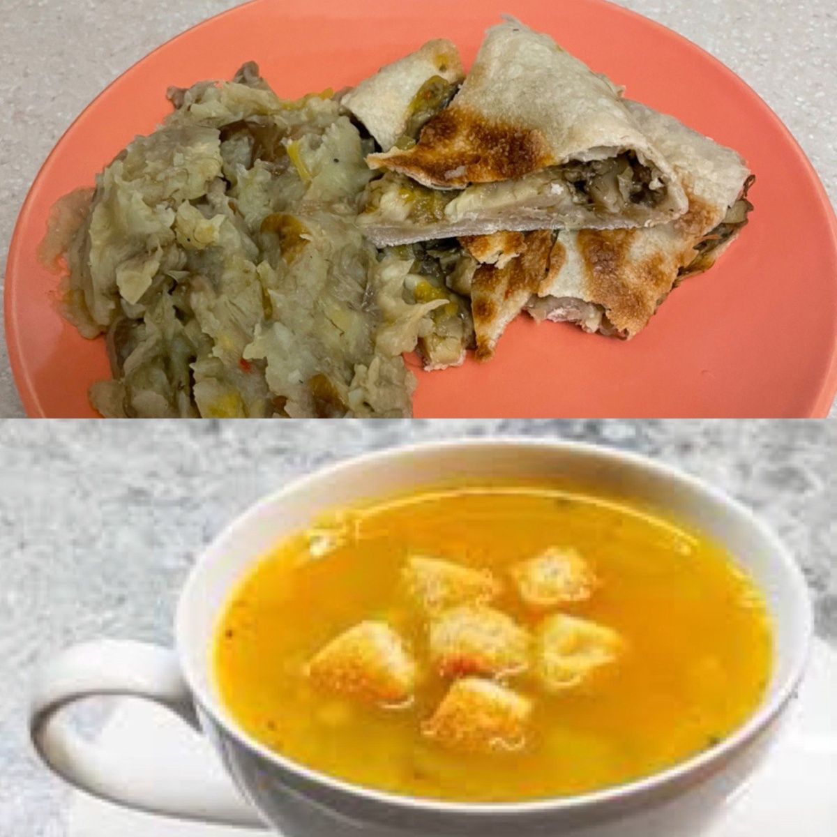 Картошка с грибами, гороховый суп 