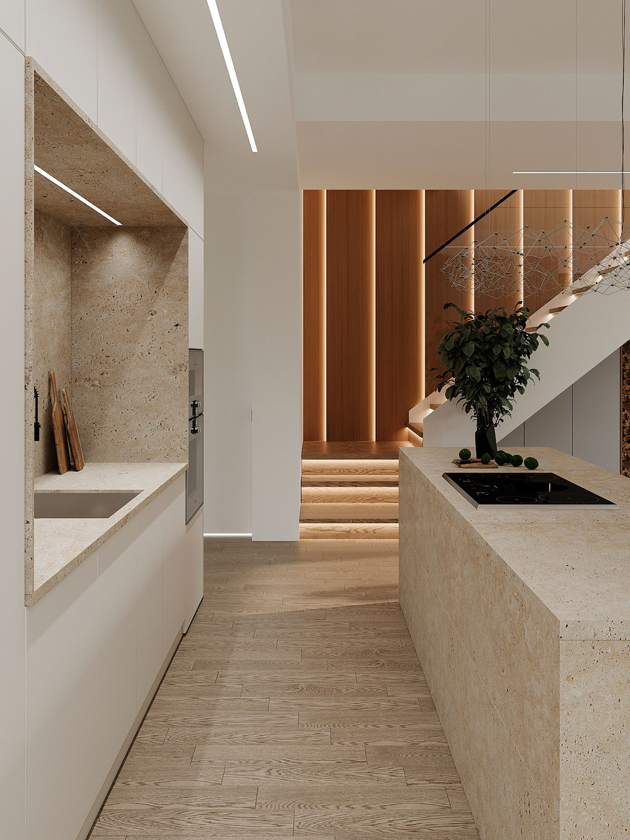 Кухня с островом и фартуком из травертина. Проект автора статьи.