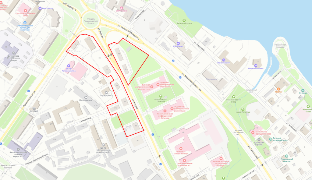    Комплексное развитие территории района улиц Кирова, Михаила Иссерсона и Ленинградской. Скриншот с сервиса «Яндекс Карты»