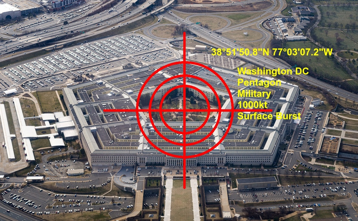 Пентагон. Точные координаты и описание объекта (38 градусов северной широты, 77 градусов западной долготы, Вашингтон Округ Коллумбия, Военная цель, 1000 килотонн, поверхностный подрыв).